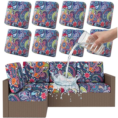 Smiry Waterproof Patio Cushion Covers Stretch Outdoor Couch Slipcovers Replacement Washable Furniture Protector Sofa Chair Seat Cover for Dogs and Pets (8 Pcs Blue Green)