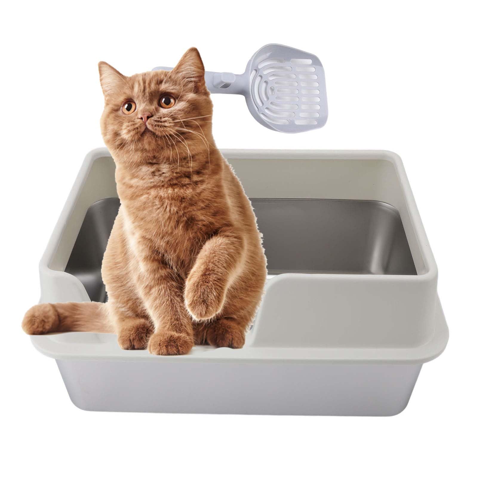 Denash Stainless Steel Cat Litter Box, 19.7 X 13.8 X 9.8in Litter Box with Splash Proof Lid and Scoop for All Cats, Easy to Clean, Non Sticky, Large Open Top and Side (Large White)