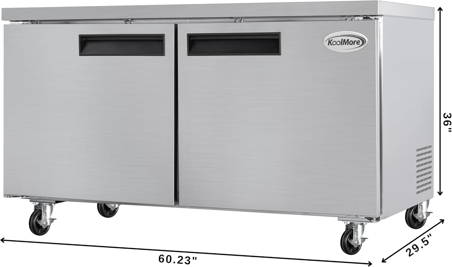 KoolMore 60 in. Two-Door Commercial Undercounter Freezer in Stainless Steel with Casters, ETL Listed (KM-UCF-15SS)