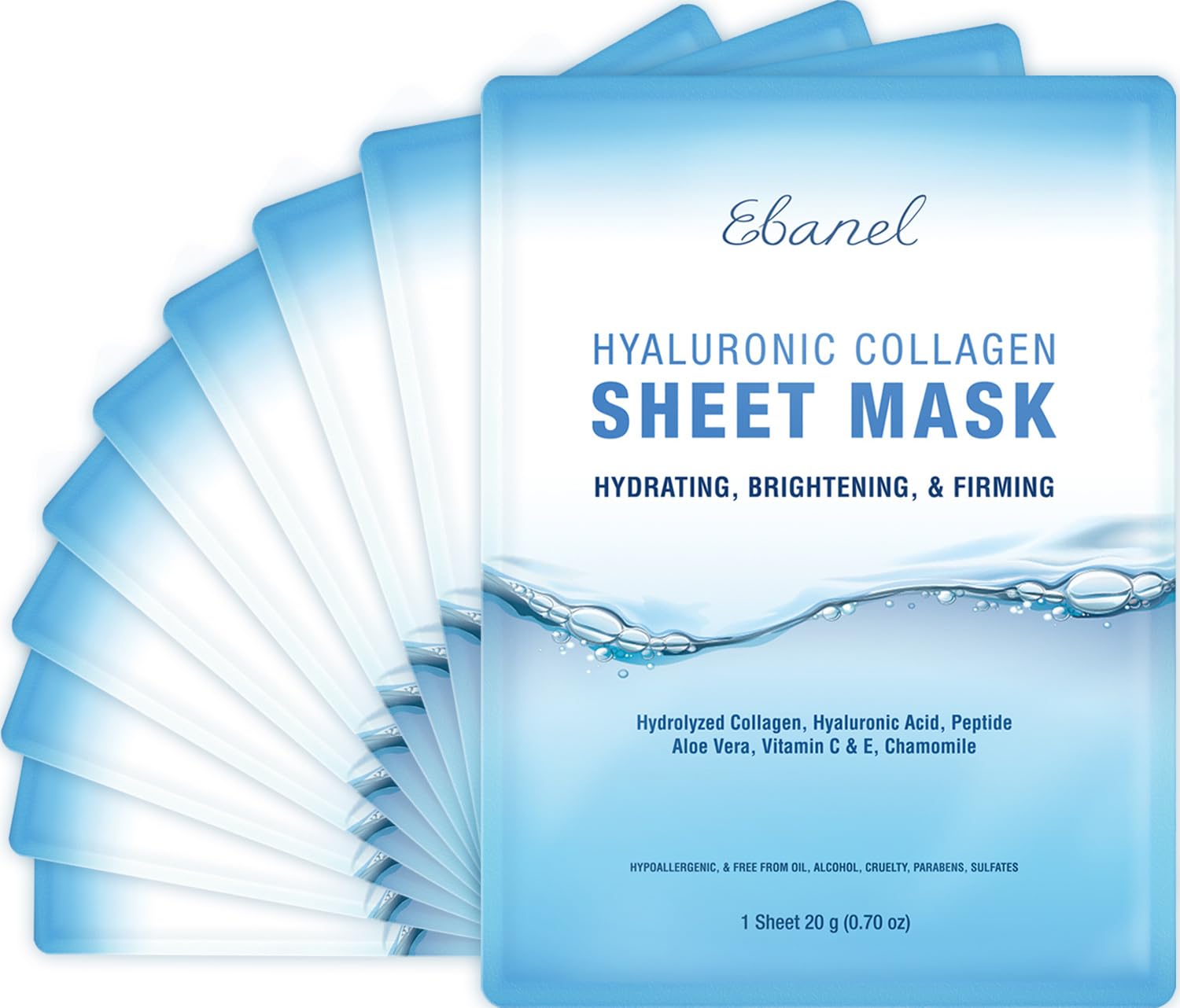 Ebanel 10 Pack Collagen Face Mask with Hyaluronic Acid, Vitamin C, Peptide, Aloe, Instant Brightening Hydrating Face Masks Skincare Korean Sheet Mask, Skin Firming, Lifting Anti Aging Facial Masks
