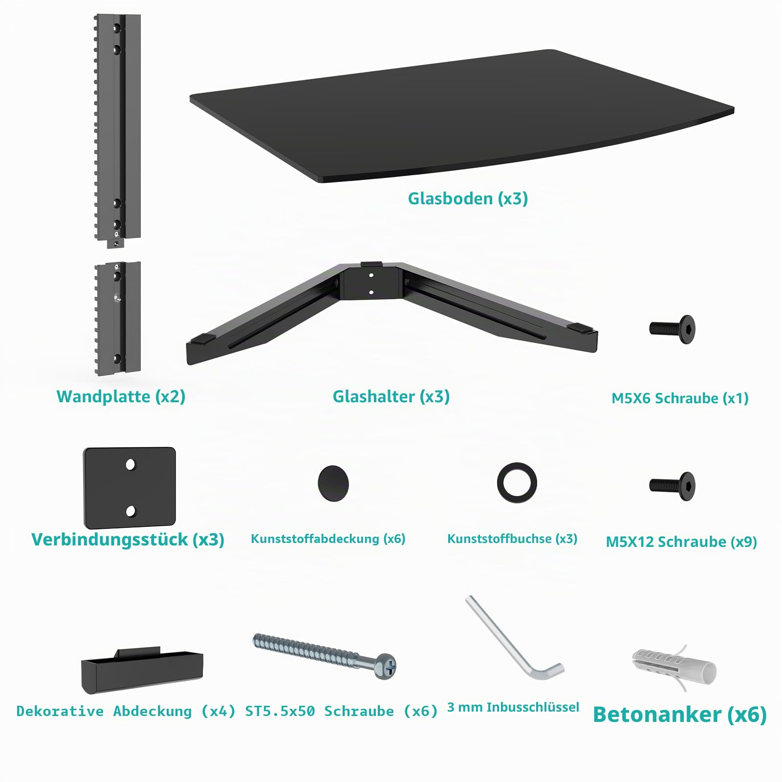 WALI Schwebendes Wandregal mit verstärkten gehärteten Brillen für DVD-Player, Kabelboxen, Spielekonsolen, TV-Zubehör (CS303), 3 Ablagen, Schwarz