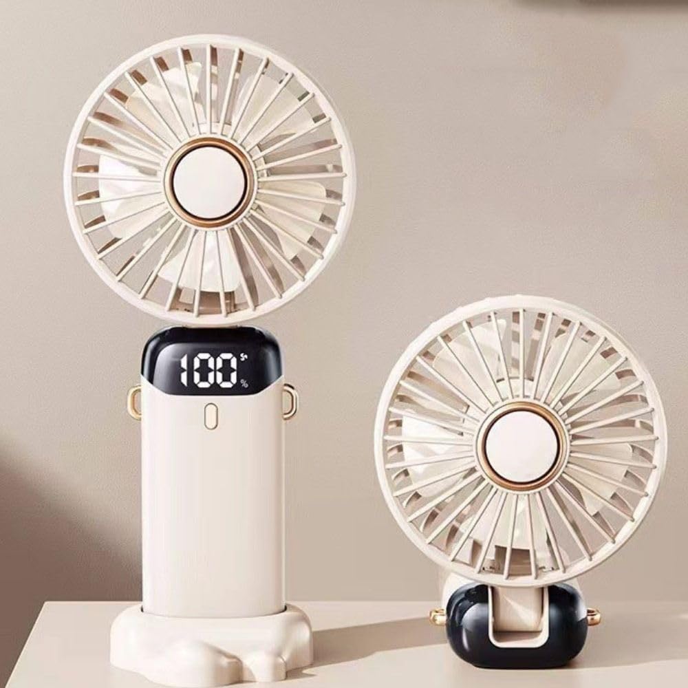 Portable Fan: Rechargeable with 5-Speed Adjustment, LED Display. Perfect for Home, Office, and Travel. Handheld or Hands-Free with Neck Strap. Stable Base for Desktop Use. Stay Cool and Comfortable