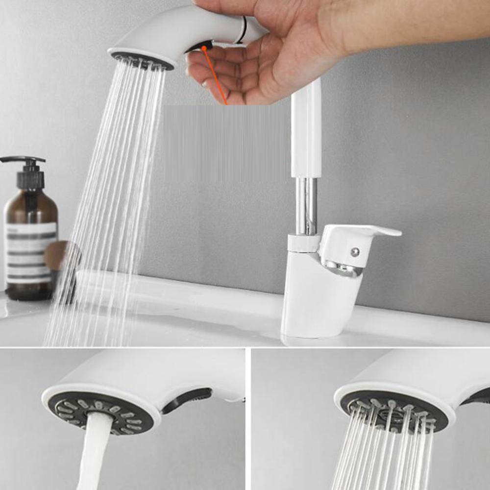 Grifo de Lavabo Extraíble Grifo Baño Blanco Latón Grifo de Lavabo Multifuncional Giratorio Frío y Calor Elevable Retráctil Grifo de Baño