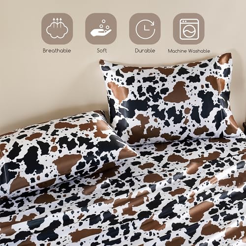 Image of MR&HM Satin Bed Sheets with Elastic Corner Straps, King Size Sheets Set, 4 Pcs Silky Bedding Set with 15 Inches Deep Pocket for Mattress (King, Cow Print)