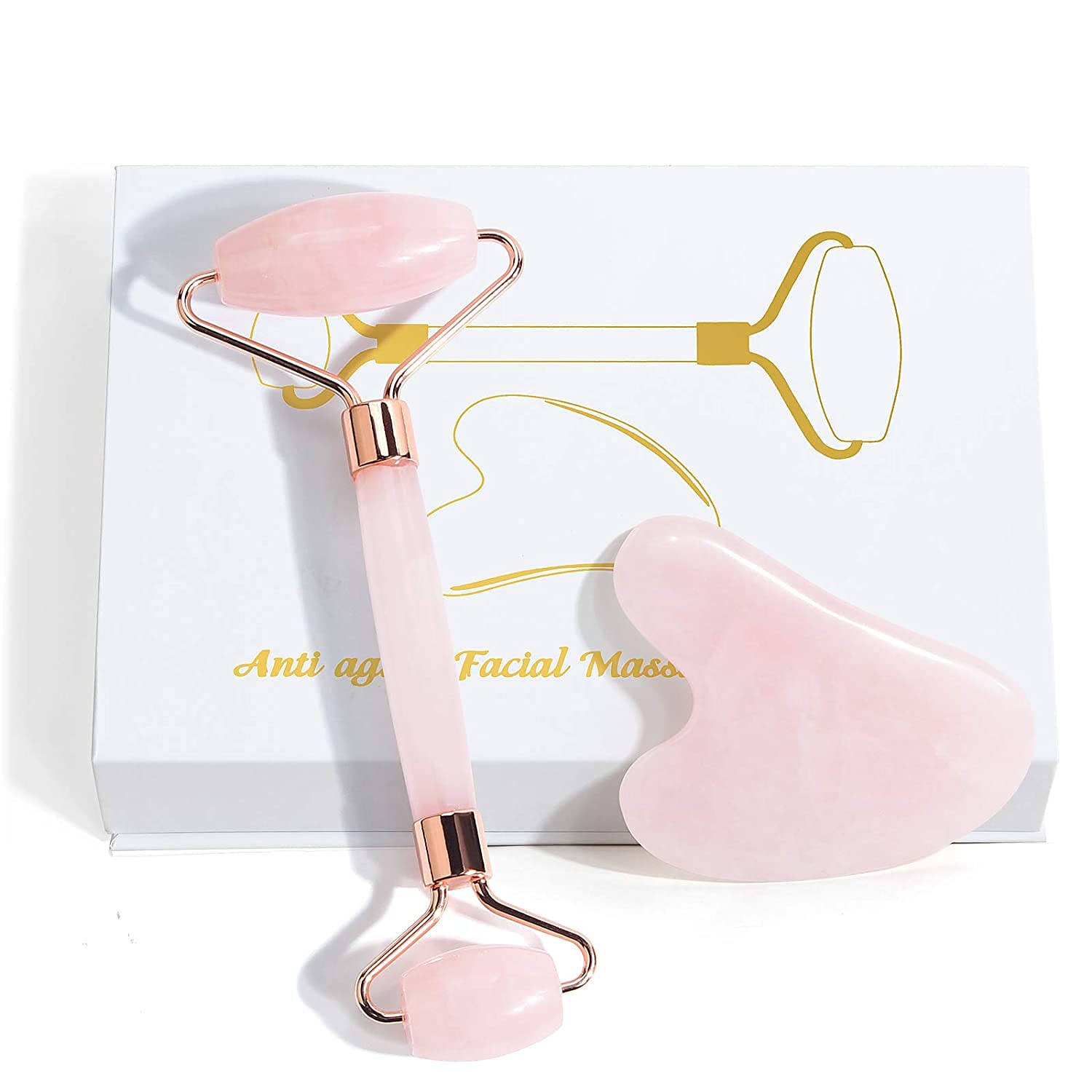 Conjunto de rolo de jade e Gua Sha, ferramentas faciais Gua Sha, rolo de jade para rosto,