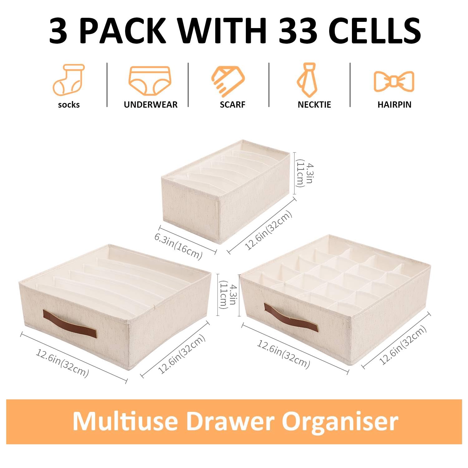 Tuza 3 Pack Drawer Organizer Clothes, Bra Organizer for Drawer, Foldable Sock Drawer Organizer Divider, Fabric Lingerie Organizer for Bra, Panty, Underwear, Scarves, White