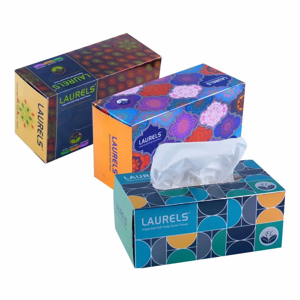 LAURELS® 2 Ply Facial Tissue Box | Ultrasoft, Absorbent, Made of Virgin Paper | Facial Tissues Soft Paper For Daily-use Cars, Bathrooms, Living Rooms, Bedrooms And Offices Pack of 3 (200 Pulls)