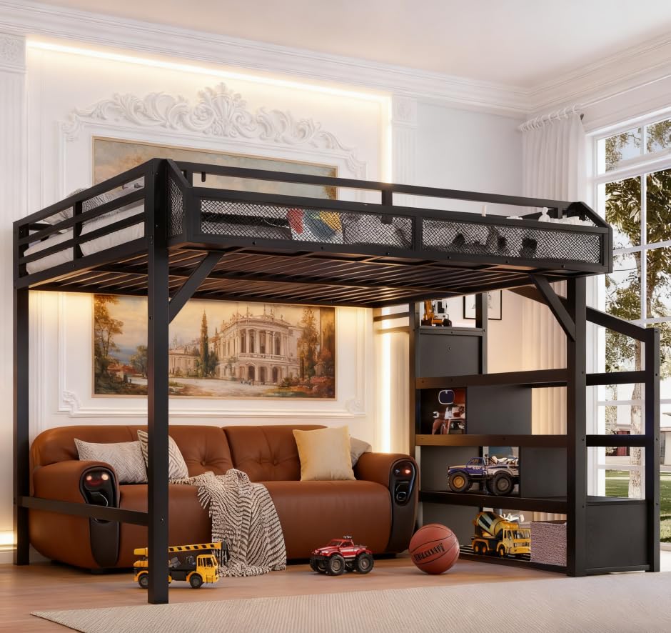 Bellemave Queen loft Bed with Storage Stairs, Wardrobe, Shelves, Metal Queen Size Loft Bed Frame for Adults, Kids, Teens, Black with Black Woodgrain