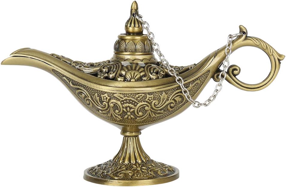 Metal Carved Aladdin Lamp Magic Vintage Home Tea Oil Pot Arabian Art Craft Gift Rare Retro Legend Color Aladdin Genie Light Wishing Lamp Pot Collectable (Bronze)