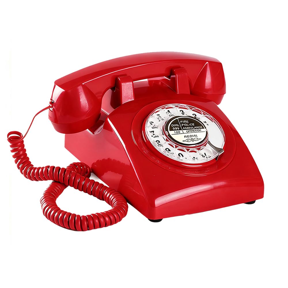 Campana mecánica giratoria retro roja, teléfono antiguo de los años 60 (cable extraíble actualizado), teléfono giratorio antiguo (timbre alto/apagado), teléfono fijo vintage para el hogar, hotel, rojo