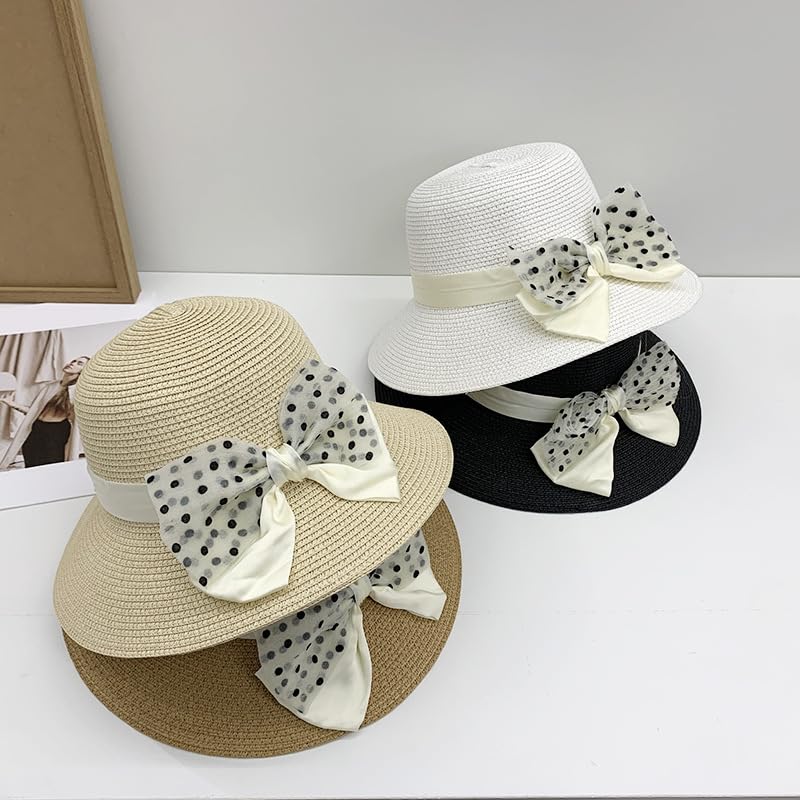 Sombrero de Paja de Verano para Mujer,de ala Ancha,Ligero,con Lazo de Lunares,Plegable,Flexible,Transpirable,para Playa,para Actividades Al Aire Libre