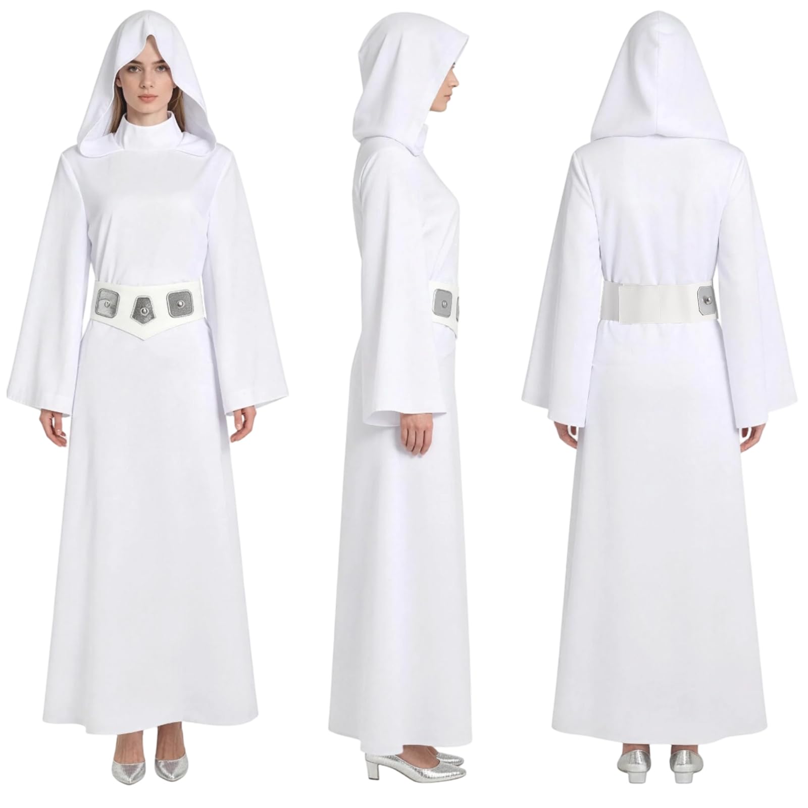 nezafly Princess Costume Women White Dress Hooded Robe with Belt Halloween Carnival Outfits Set for Adults - Image 6