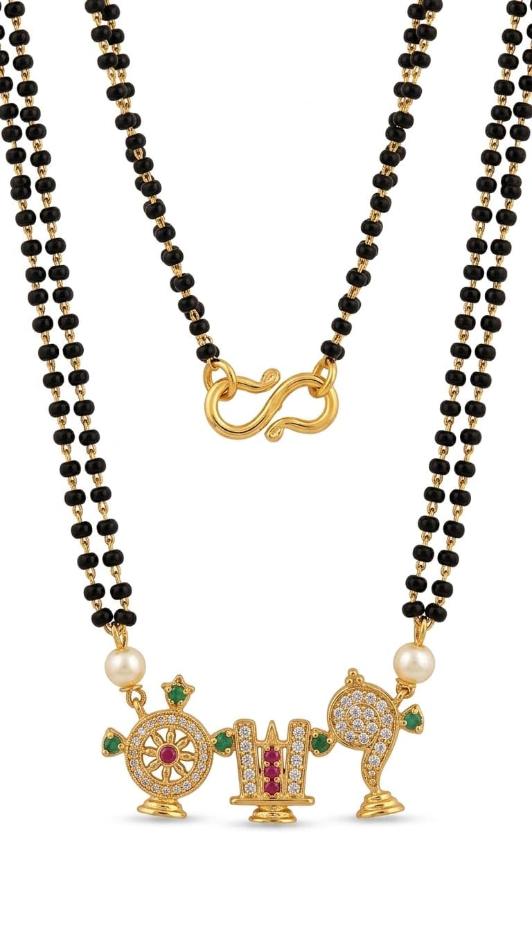 Lord Venkateswara Namalu Pendant Mangalsutra, Double Strand Black Beads Chain, 18inch, Gold Plated, with swarovski Pearls and CZ Stones-image-27