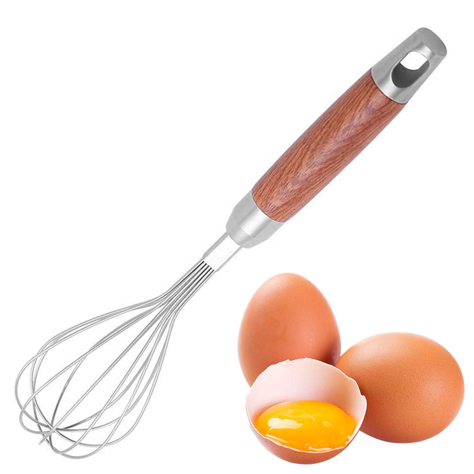 Stainless Steel Whisk with Wooden Handle, Kitchen Whisks for Cooking, Egg Whisk, Wisking tool Stainless Suitable for Stirring, Beating, Whisking, Blending, Mixing Egg, Cake Batter, Flour or Sauces