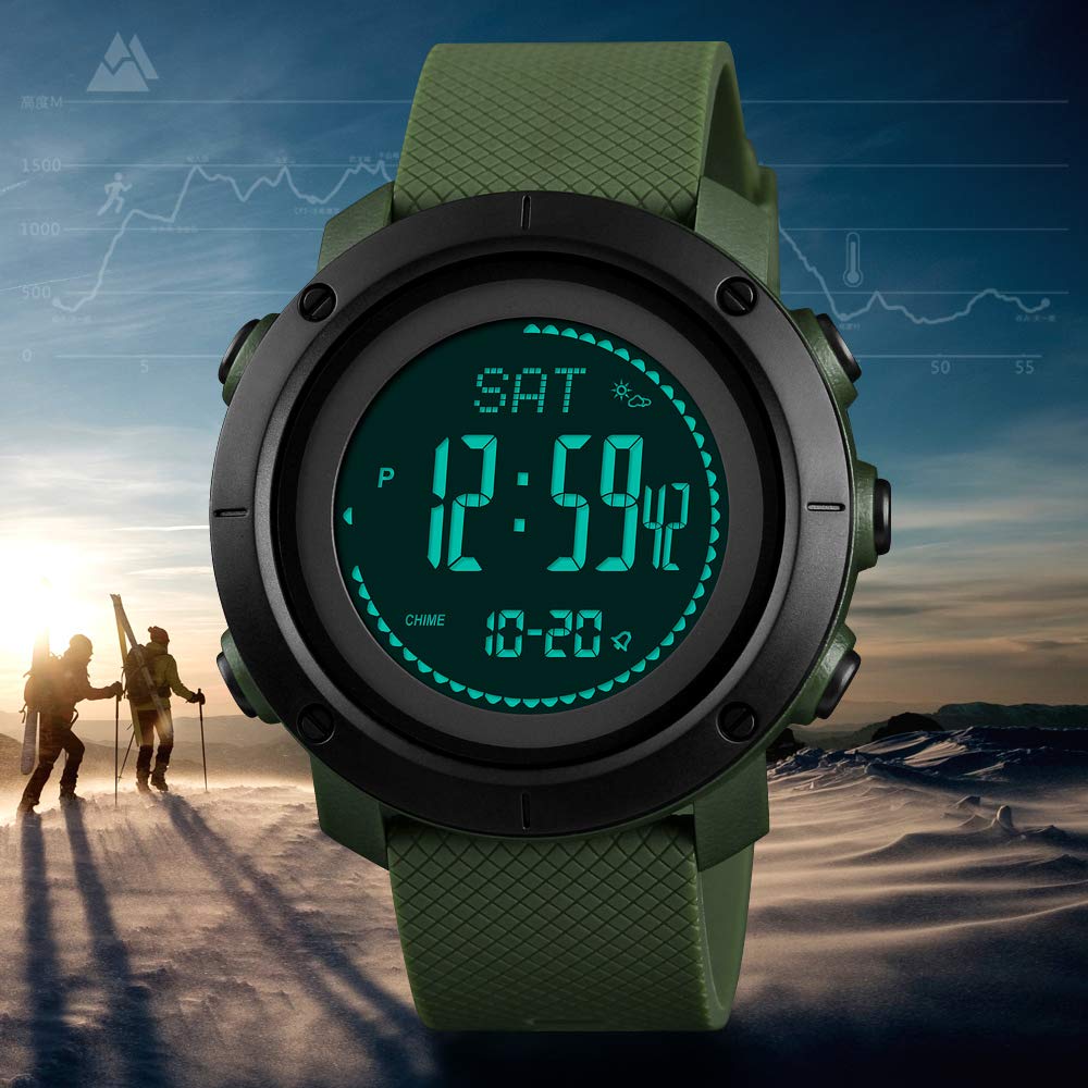 TONSHEN Kompas Zegarek Męski i Kobiety Outdoor Sport Wielofunkcyjny Cyfrowy LED Elektroniczny Wysokościomierz Termometr Pedometr Kalorie Alarm Data Zegarki Bransoletka (Zielona)