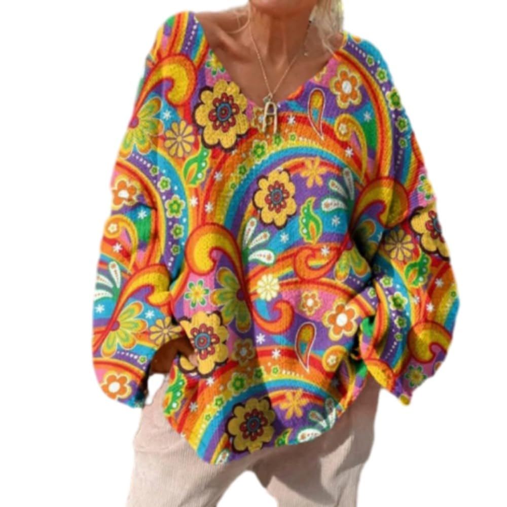 Sweaters for Women Oversized Tunic Casual Boho Colorful Print V-Neck Loose Knit Pullover Tops Fall Winter Trendy