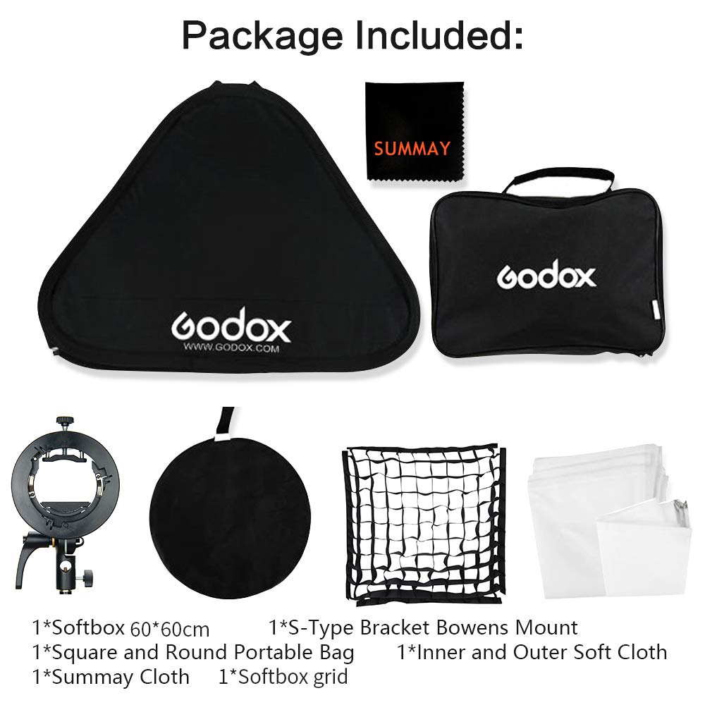 GODOX 60 x 60cm Pliable Grille Boîte à Lumière avec Grille + S2-Type Support Bowens Support pour Studio Flash Photographie Flash (SGGV6060)