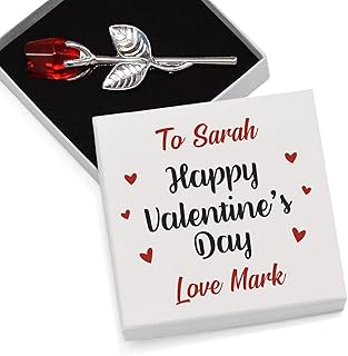 PERSONALISED Rose Valentines Day Gifts for Her, Girlfriend, Wife - Happy Valentines Day Romantic Keepsake Gifts for Him, Boyfriend, Husband - Crystal Glass Red Rose Valentines Gifts for Couples