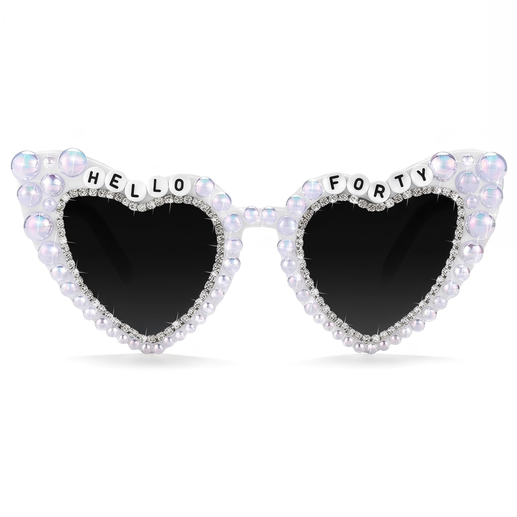 40th Birthday Glasses, Heart Shaped Iridescent Pearl Sunglasses for Women, HELLO FORTY Rhinestone Novelty Eyewear for Party Photo Props, Colourful Pearl Gift Glasses for Birthday