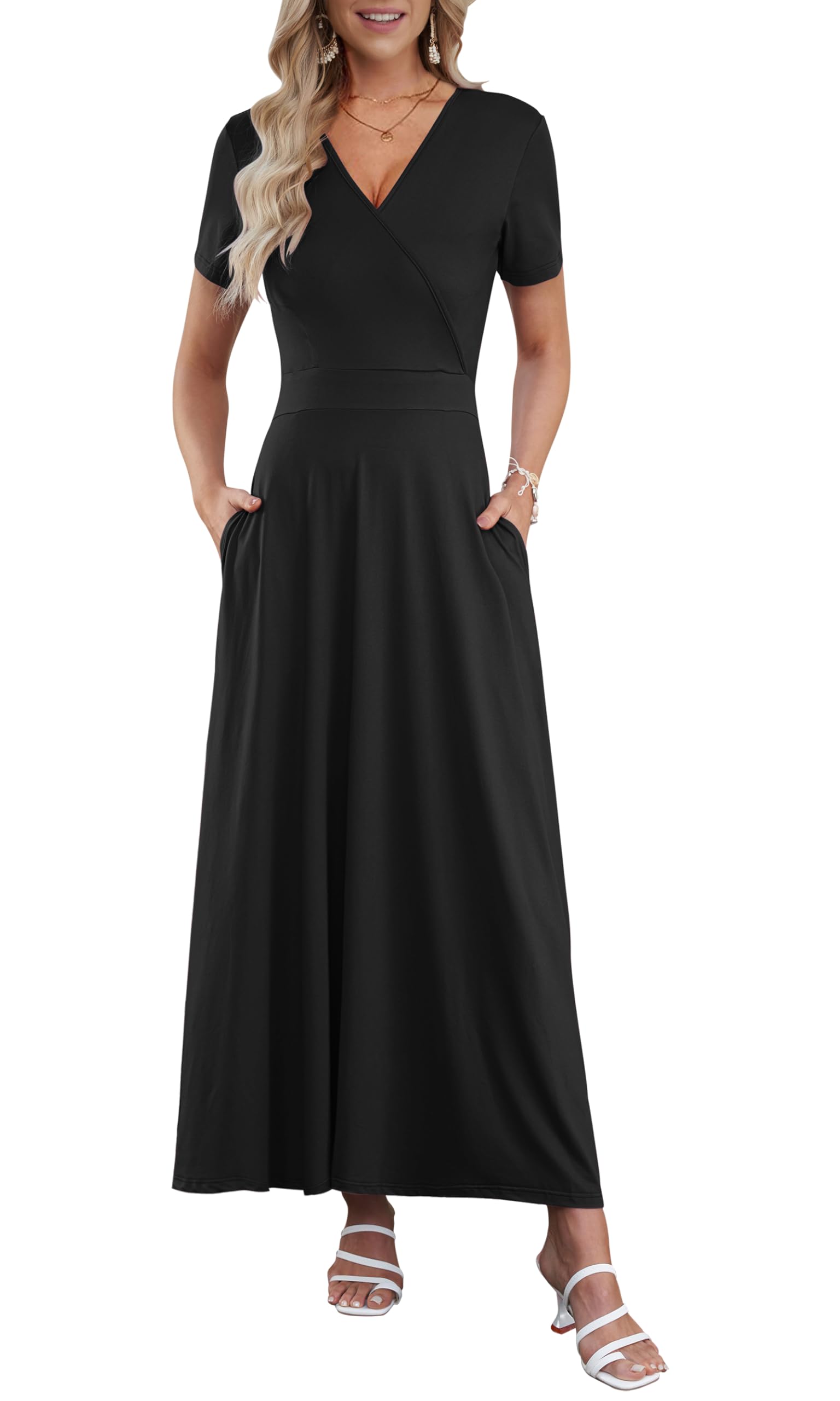 AUSELILY Maxikleid Damen Sommer Kurzarm V-Ausschnitt Cocktailkleid Wickelkleid Sexy Sommerkleider Damen Leicht und Luftig mit Taschen