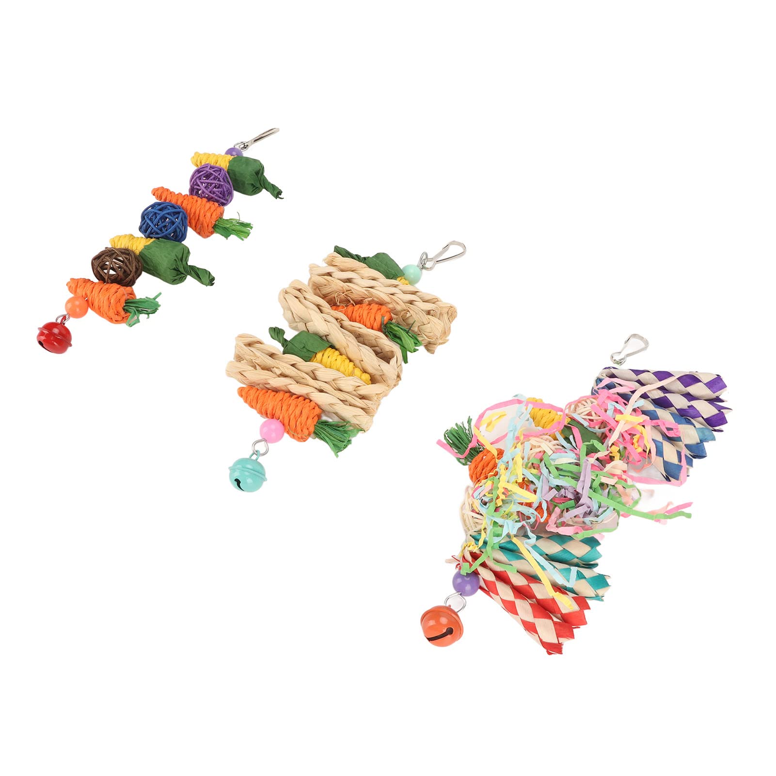 Set da 3 Giochi per Pappagalli Masticabili in Fibra Naturale Carote Intrecciate, Palline di Rattan e Giocattoli Sospesi per Budgie, Cocorite, Conuri
