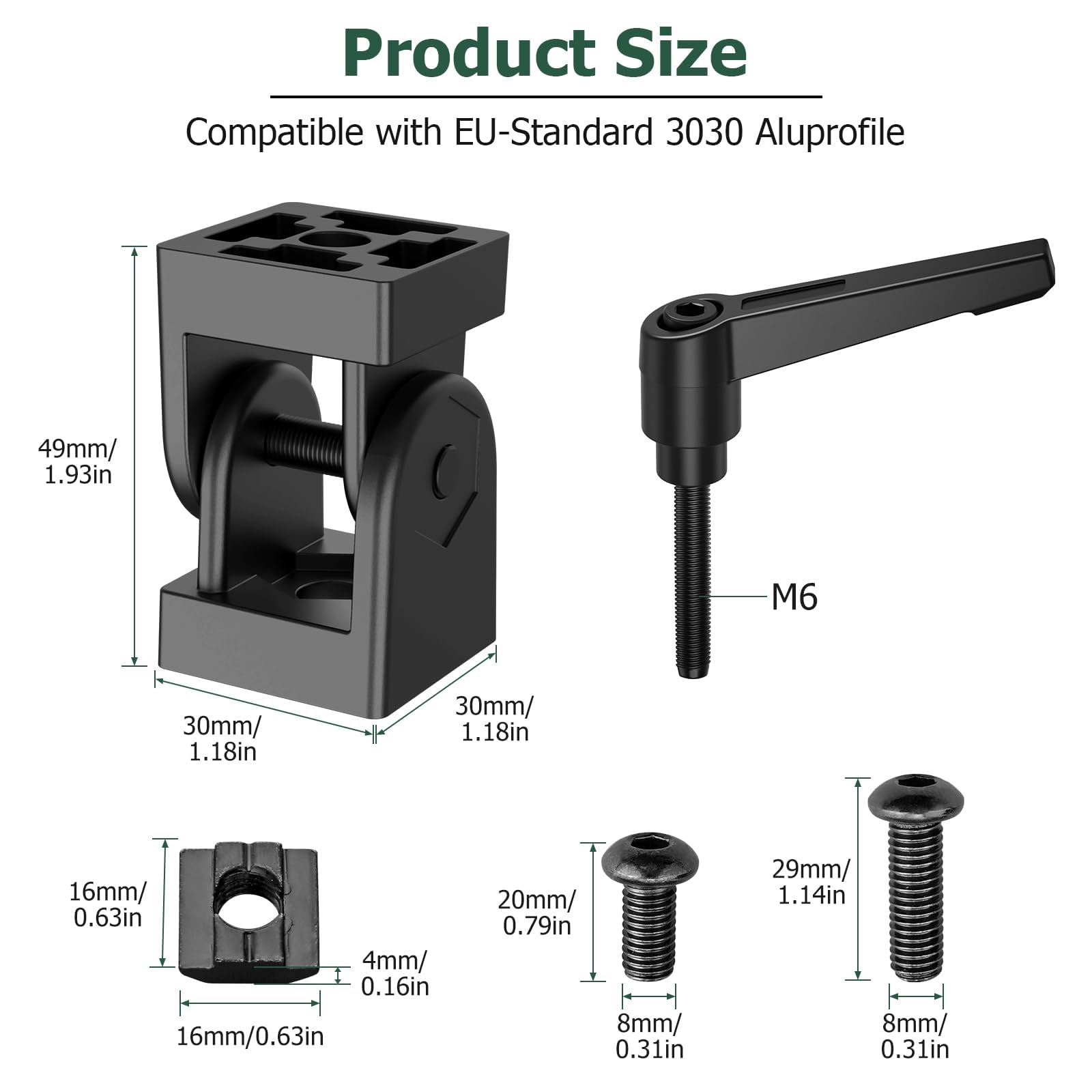 JiGiU Giunto angolare nero regolabile per profilo in alluminio 3030, 8 mm, con leva di serraggio, cerniera flessibile, materiale di fissaggio per parti della stampante 3D, progetti fai da te (4 pezzi)