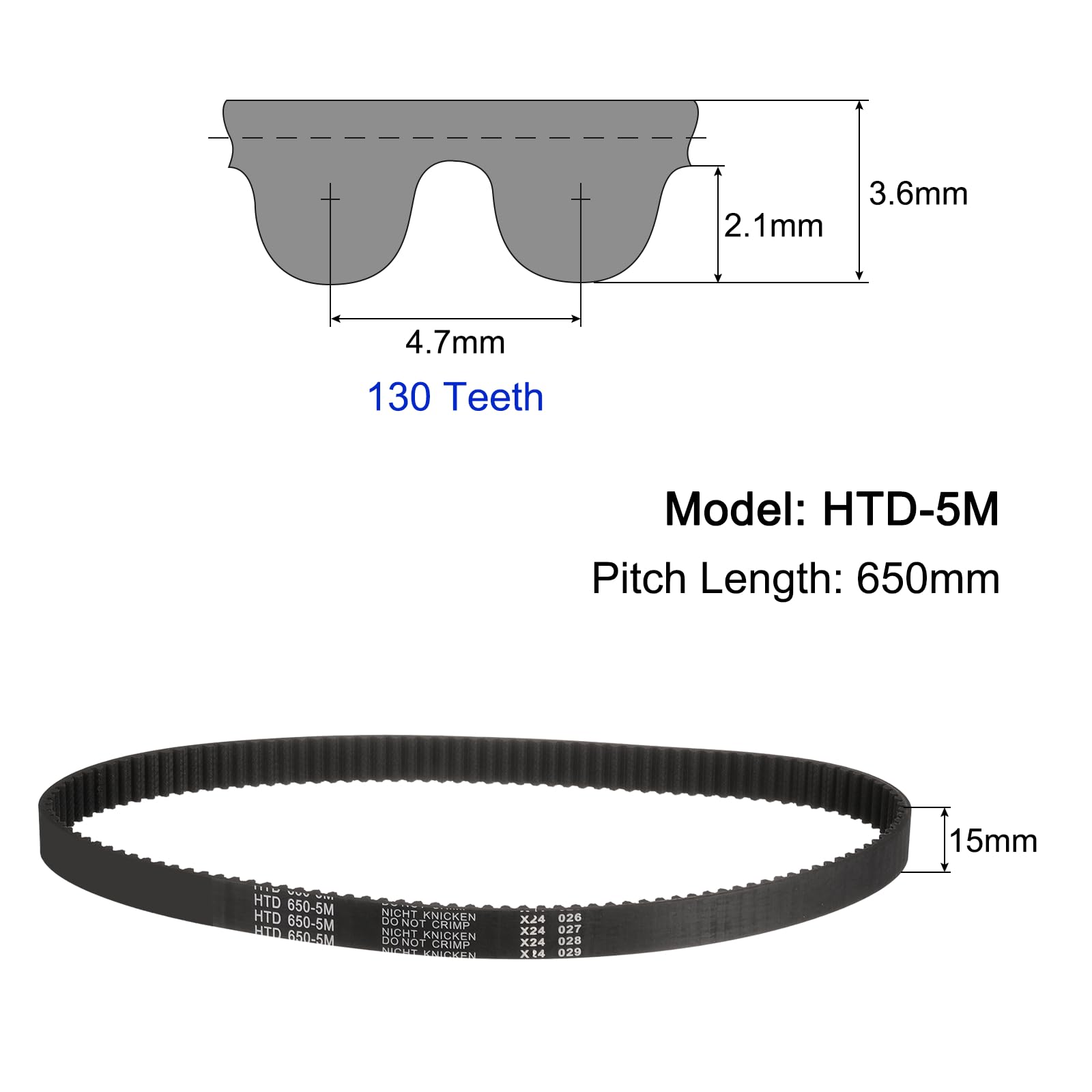 sourcing map correa dentada HTD-5M 130 dientes 650mm 15mm 3,6mm goma