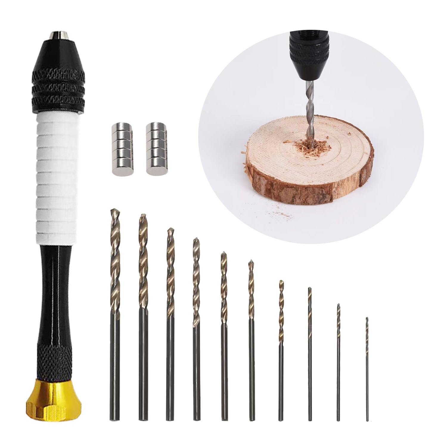 Yo-Habiba Pin Vise Hand Drill with 10pcs Small Strong Magnets and 10 Pcs HSS Micro Mini Twist Drill Bits DIY Jewelry Tools for Wood, Resin, Plastic, Rubber, Model, Amber Non Slip Design（Golden）
