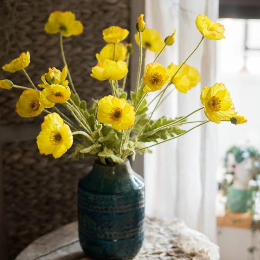 DUYONE Artificial Flowers 6 Stems Poppy Silk Bouquet,for Wedding, Home, Party Decoration,Table Centerpiece Arrangement(Yellow)