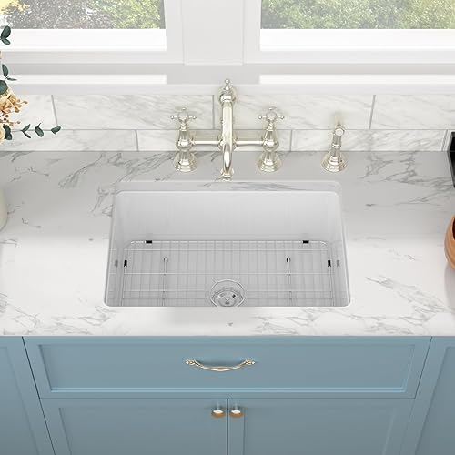 Miniatura 2 de Sarlai Fregadero blanco de 27 pulgadas de arcilla refractaria de 27 x 19 pulgadas, fregadero de cocina blanco de doble caída y montaje inferior,