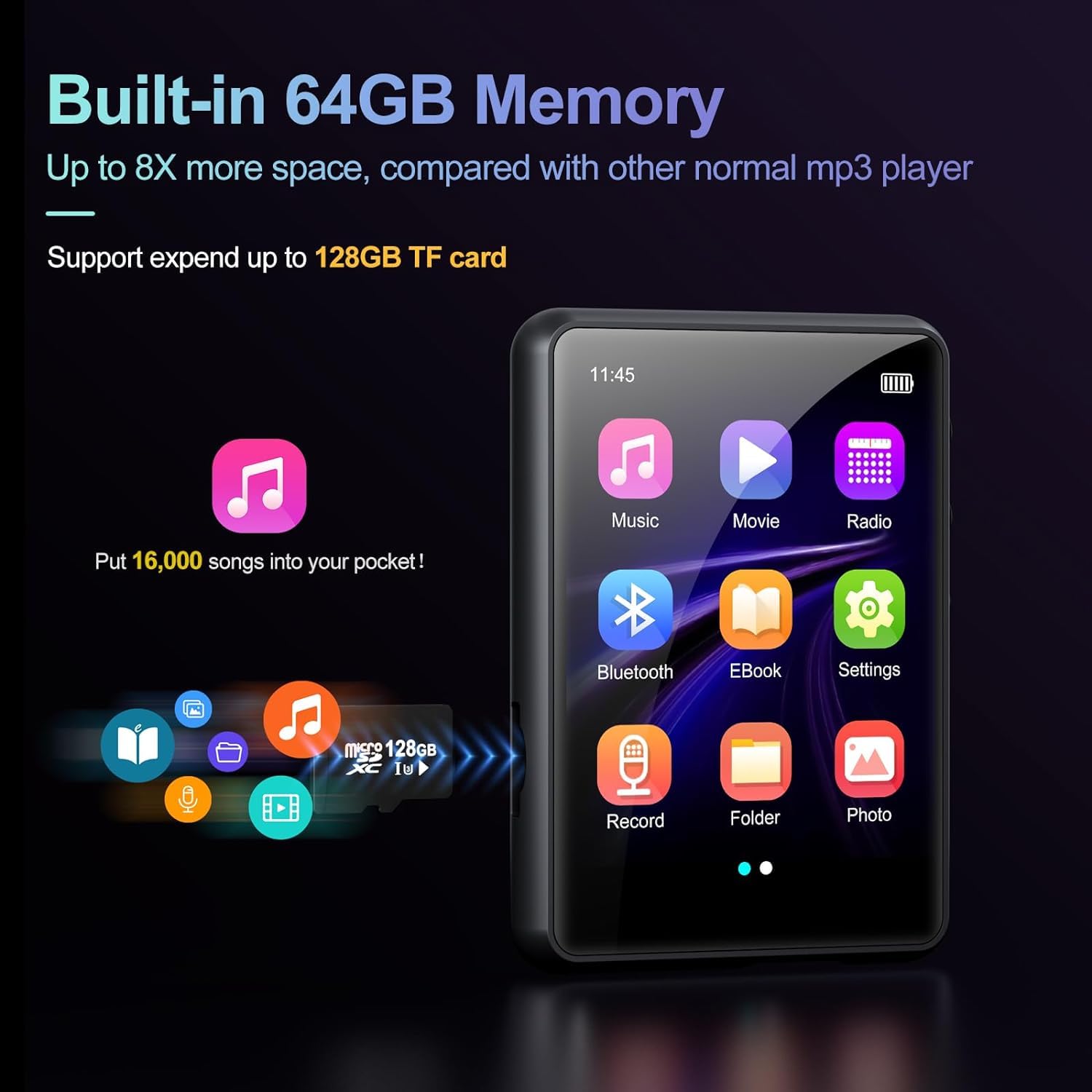 Lettore MP3 Da 2 Pollici Altoparlante Integrato Lettore Musicale Stereo Portatile Bluetooth 5.4 Supporto Walkman Per Studenti Radio FM Registrazione E-book