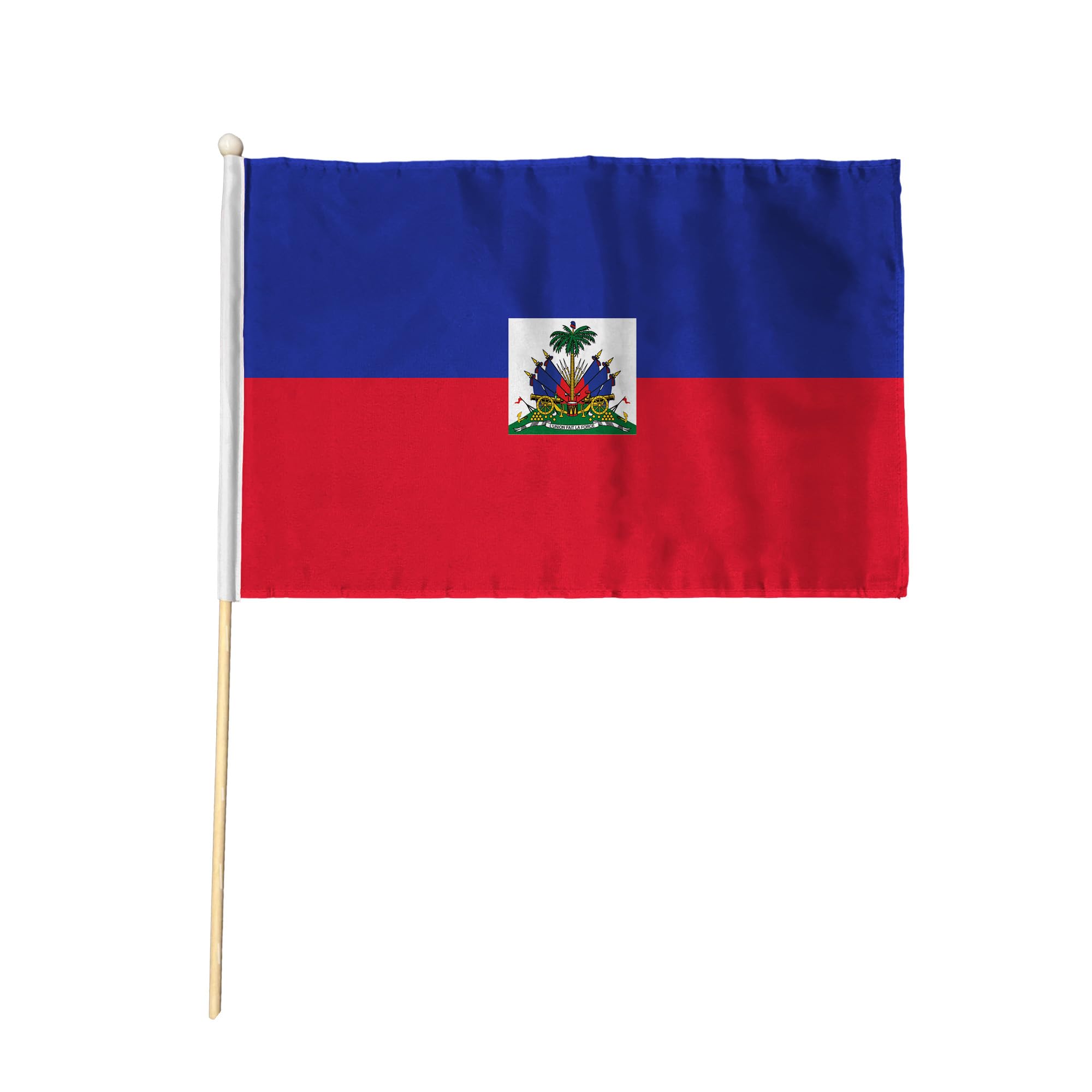 Flagtex Haiti with Crest Hand Waving Flag (9x6 Inch) - Premium Wooden Stick Hand Flag 9x6 Inch Natural Wood Pole Caribbean Coat of Arms State Flag Events โ image 1