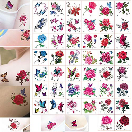 52 Sheet Floral Temporary Tattoos Stickers Water Transfer Floral Butterfly Fake Temporary Tattoo Paper Body Art for Women Kids (Tattoos SET A)
