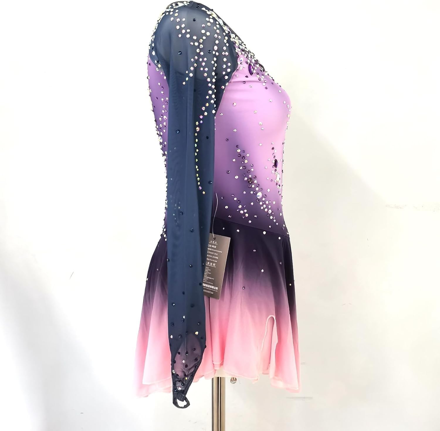 Vestido de Patinaje Artistico para Niña Mujeres Pedrería Manga Larga Niñas Vestido Bailarina con Gimnasia Rítmica Maillot de Patinaje Competición Traje de Baile