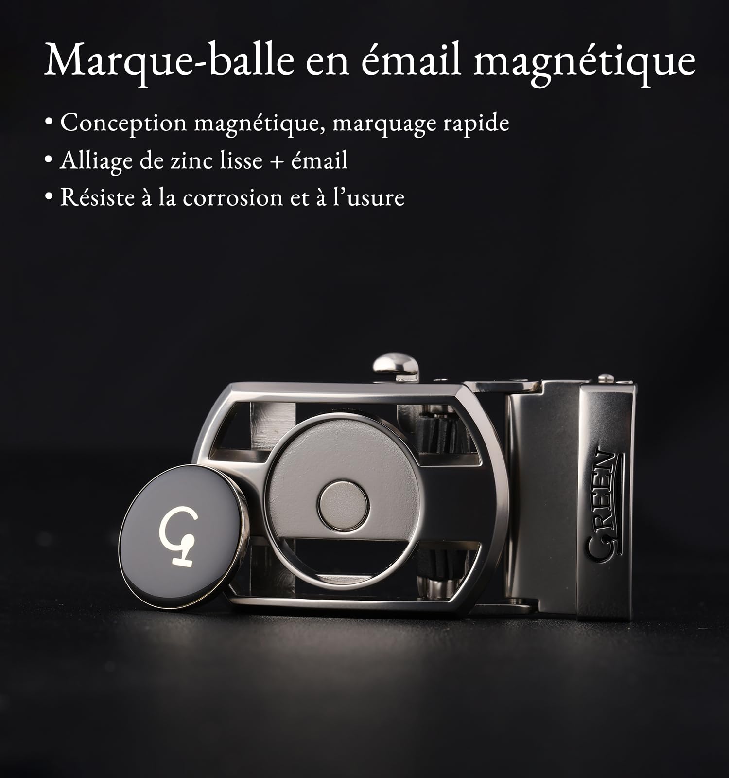 Litume GREEN GOLF Ceinture de Golf à Cliquet – Design Sans Trou, Boucle Micro-Réglable avec Marqueur de Balle Magnétique en Émail