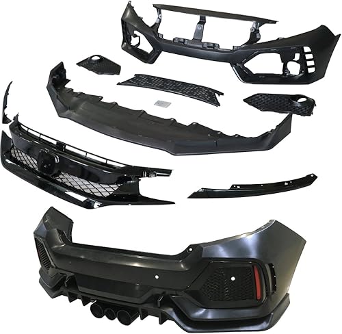 IKON MOTORSPORTS Parachoques + Rejilla Lip+ compatible con Honda Civic, TR Black PP Injection & ABS 10 generación de protección de capó kit de