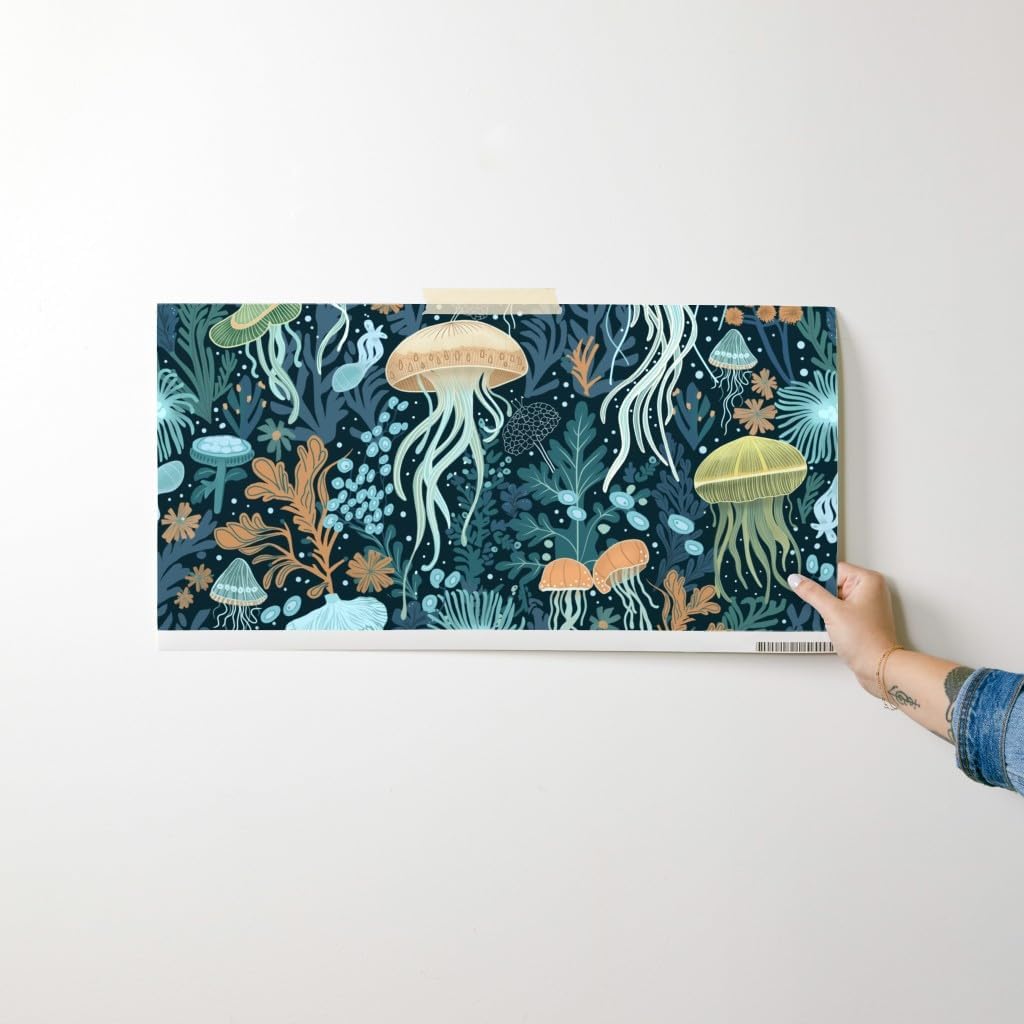 Peel & Stick Wallpaper Swatch - Blue Jellyfish Under The Sea Ocean Life Seaweed Hand Drawn Coastal Custom Removable Wallpaper by Spoonflower