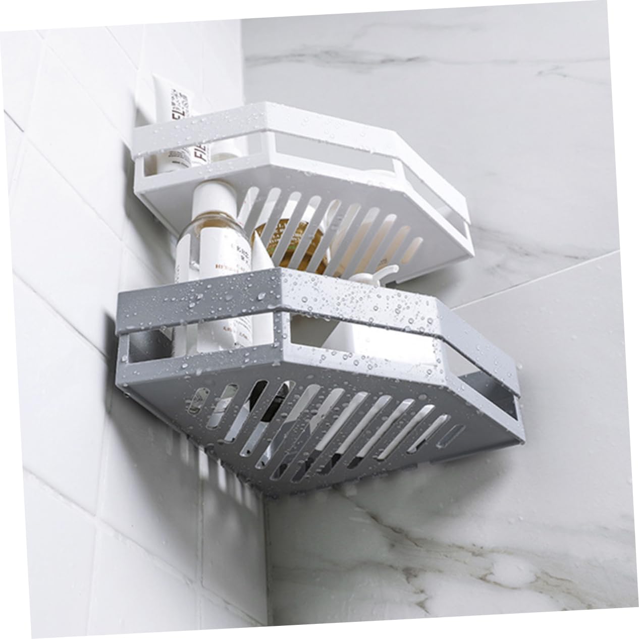 2 estantes adhesivos para esquina de baño, estante triangular montado en la pared para almacenamiento de ducha, organizador de baño de plástico blanco, 7.48 x 7.48 x 5.11 pulgadas 5