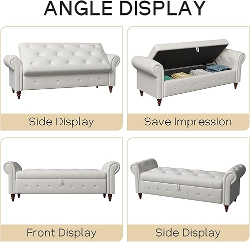 Miniatura 4 de NIOIIKIT Banco otomano de almacenamiento de 63 pulgadas, banco de entrada con botones al final de la cama, sofá otomano armado enrollado para Beige