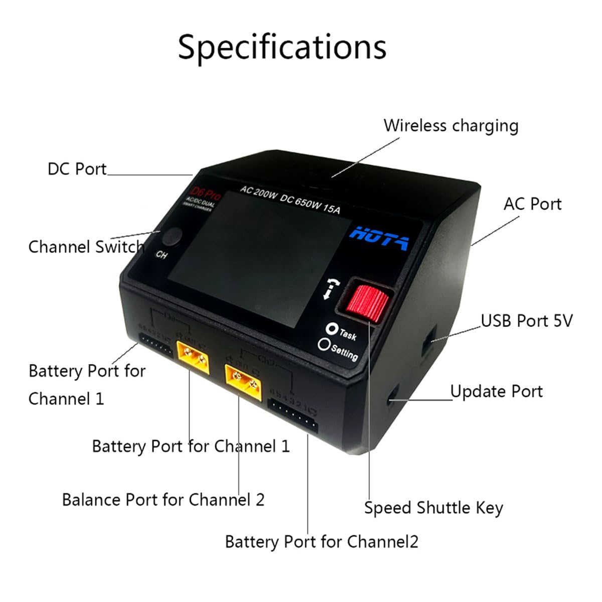 HOTA D6 Pro Lipo Chargeur de batterie AC200W DC650W 15A Dual Channel Smart Charger Quad Multifonction Charge pour Nicd LiHv NiMH Lipo Batterie RC Drone RC Pièces de voiture