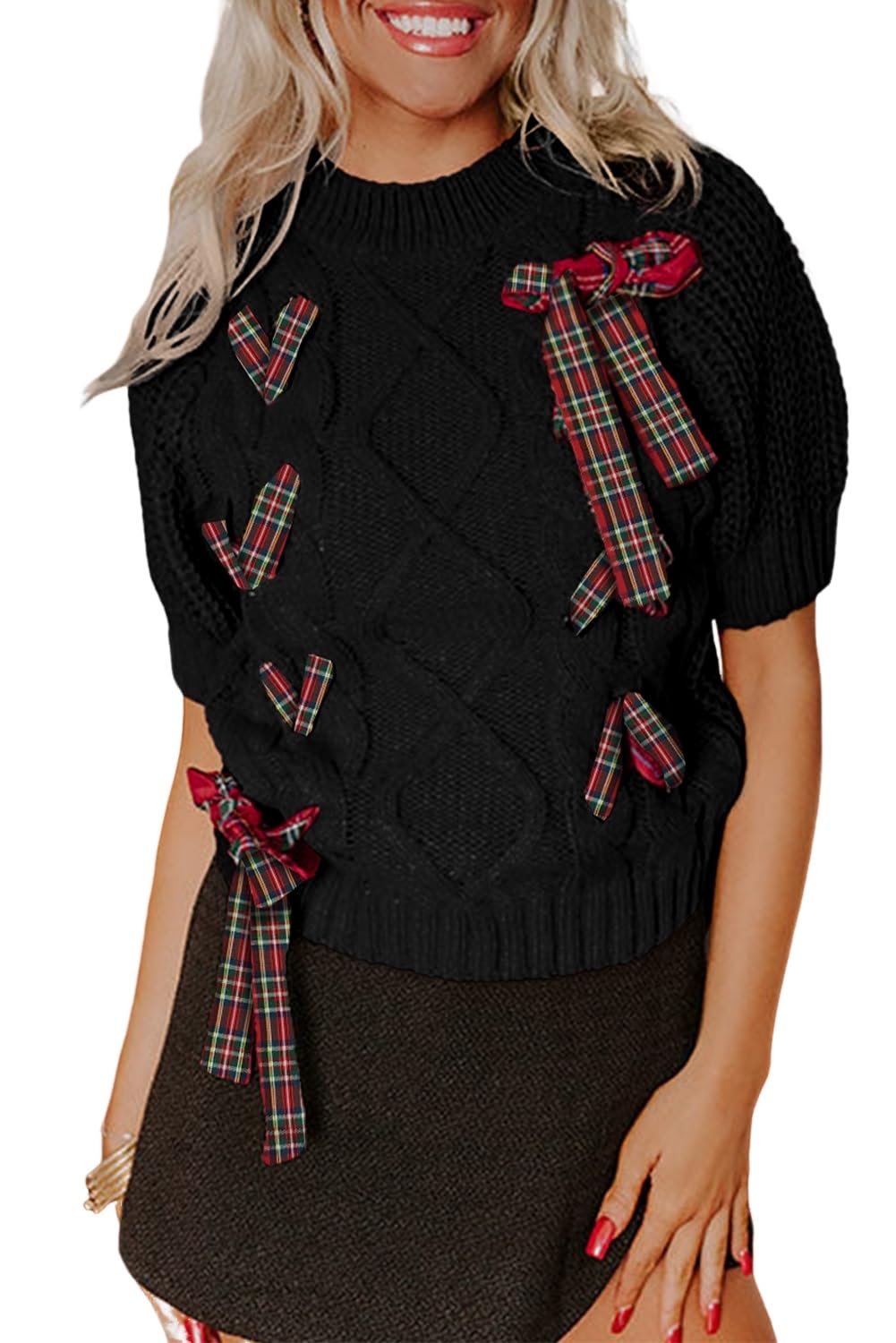 Womens Puff Short Sleeve Sweater Casual Plaid Lace up with Bow Christmas Holiday Shirt Tops