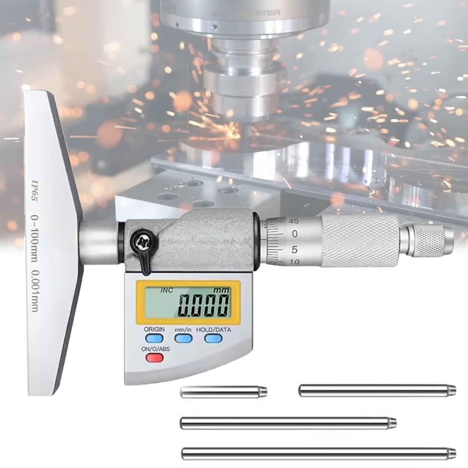 GYKOZY High Precision Spiral Micrometer, 0.001mm Accuracy, IP65 Digital Depth Micrometer with 4 Probes, Stainless Steel, for Mechanical Engineering