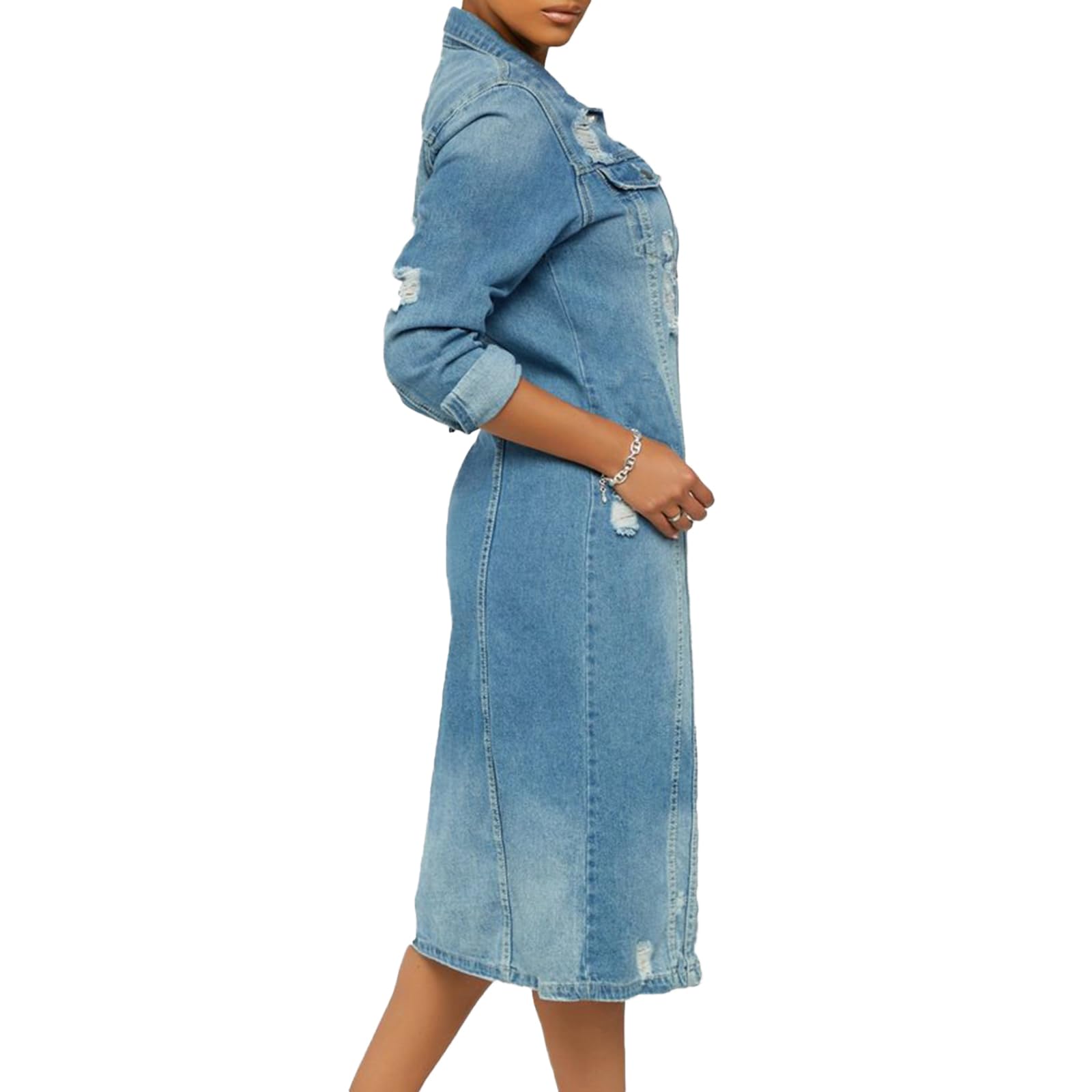 Chaqueta Vaquera Rasgada Mujer de Mangas Largas Cazadora Larga de Denim con Bolsillos Chaqueta de Mezclilla Gabardina Larga Vaquera con Solapa Vintage Abrigo Vaquero de Transición Primavera y Otoño