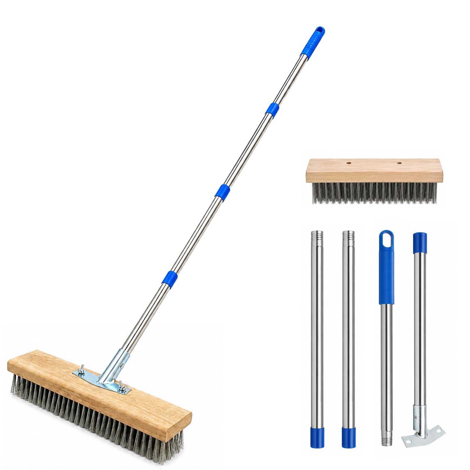 Stainless Steel Wire Broom Brush, Heavy Duty Stiff Metal Broom Scrubber Yard Patio Brush with Long Handle Deck Scrub Brush for Cleaning Weed Moss Algae on Patio, Deck, Garden, Garage