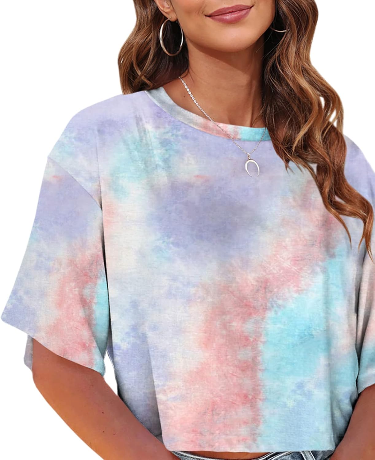 Tankaneo Women Half Sleeve Cropped T-Shirts Drop Shoulder Round Neck Crop Tops Casual Summer Solid Color Basic Tees - Image 2