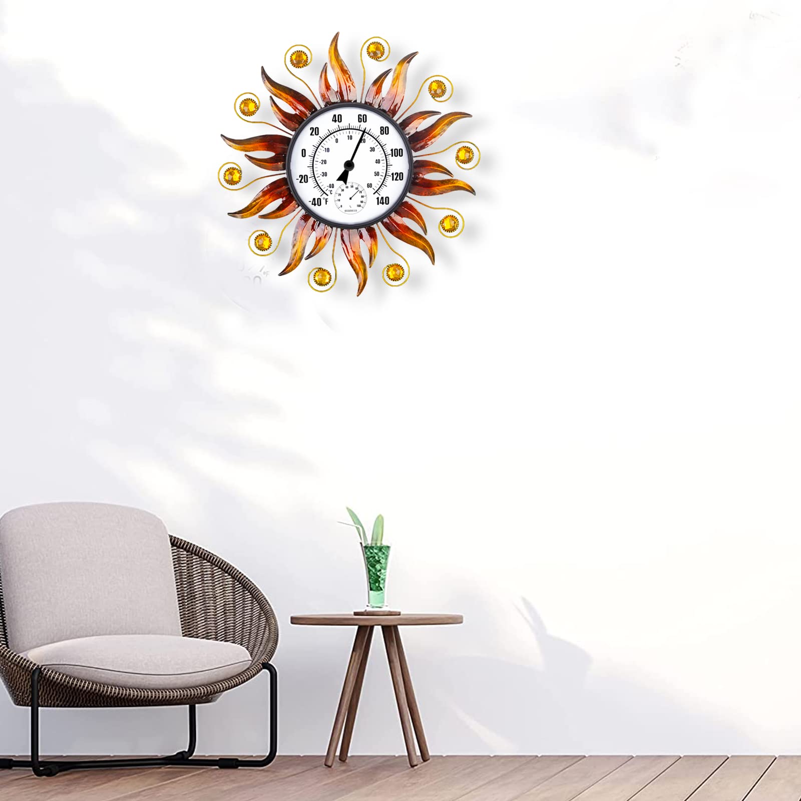 Termómetro para interiores y exteriores de 13 pulgadas, termómetro solar montado en la pared con humedad, fácil de leer termómetro decorativo exterior para patio, jardín, no requiere baterías
