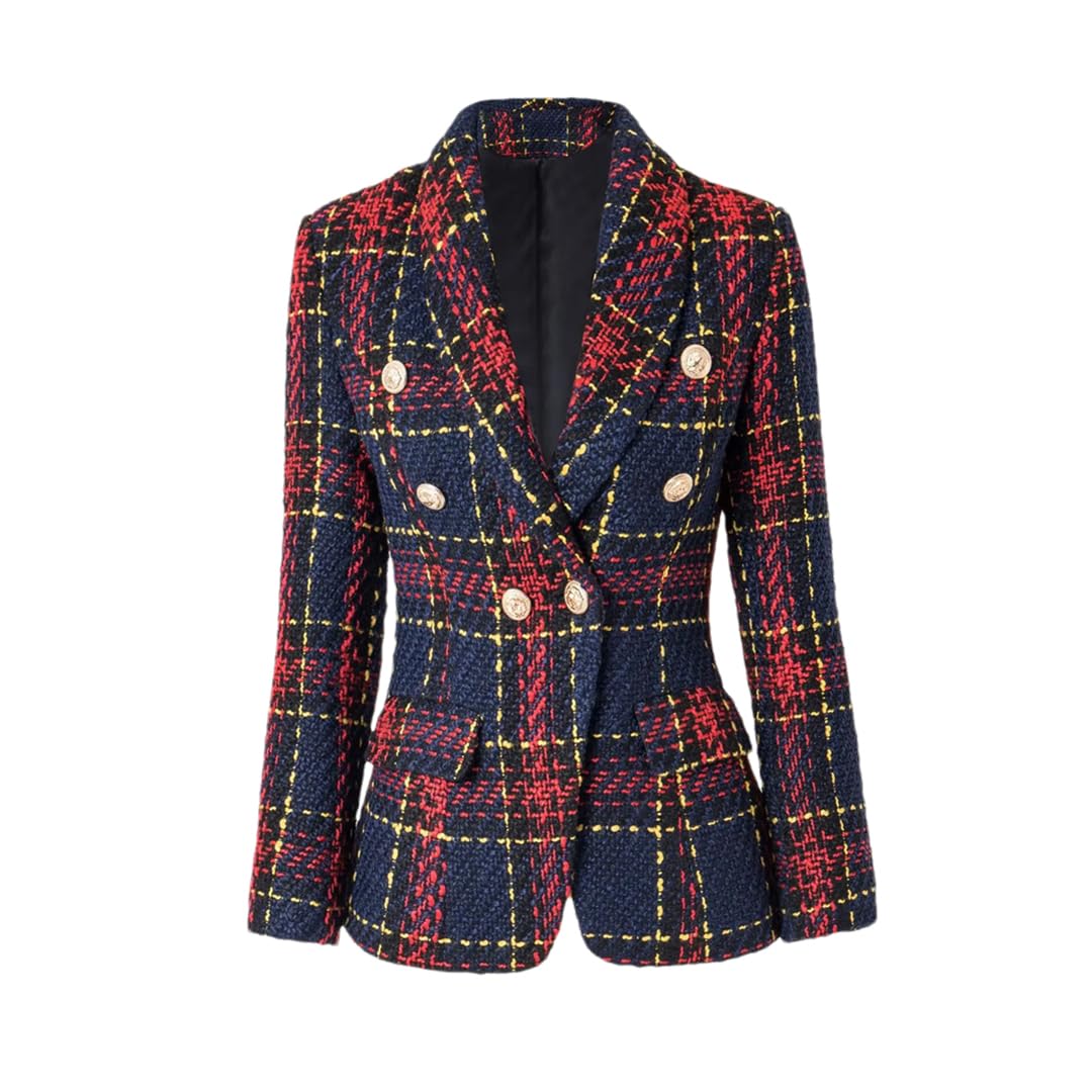 Women Scotticize Vintage Style Thick Woolen Button Plaid Pattern Slim Fit Blazer Outerdoor Jackets