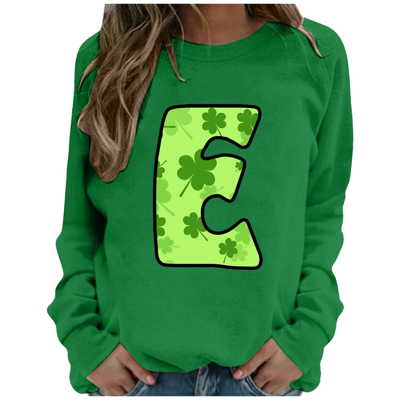 Women St. Patrick's Day Sweatshirts Long Sleeve Crewneck Pullover Tops Clover Graphic Shirts Colorblock Sweater