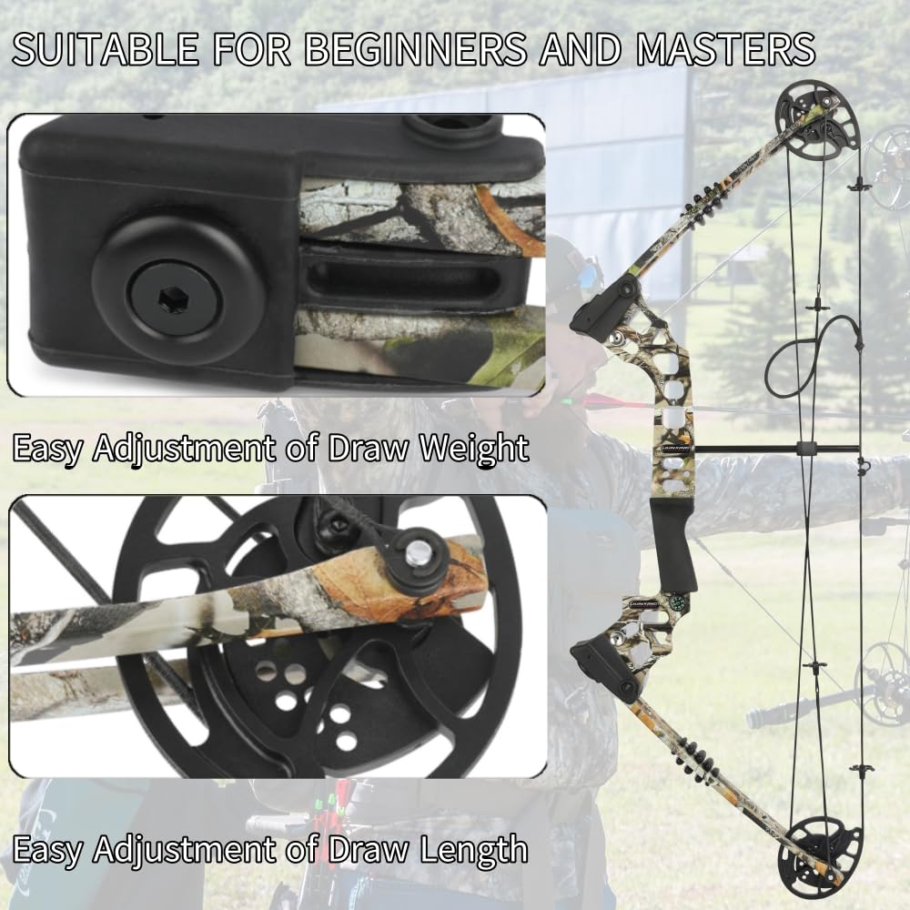 Set arco compound pronto per la caccia - Potenza di trazione 20-70 libbre, lunghezza di trazione 24“-30”, velocità 320 fps, completo di tutti gli accessori per la caccia e il tiro al bersaglio
