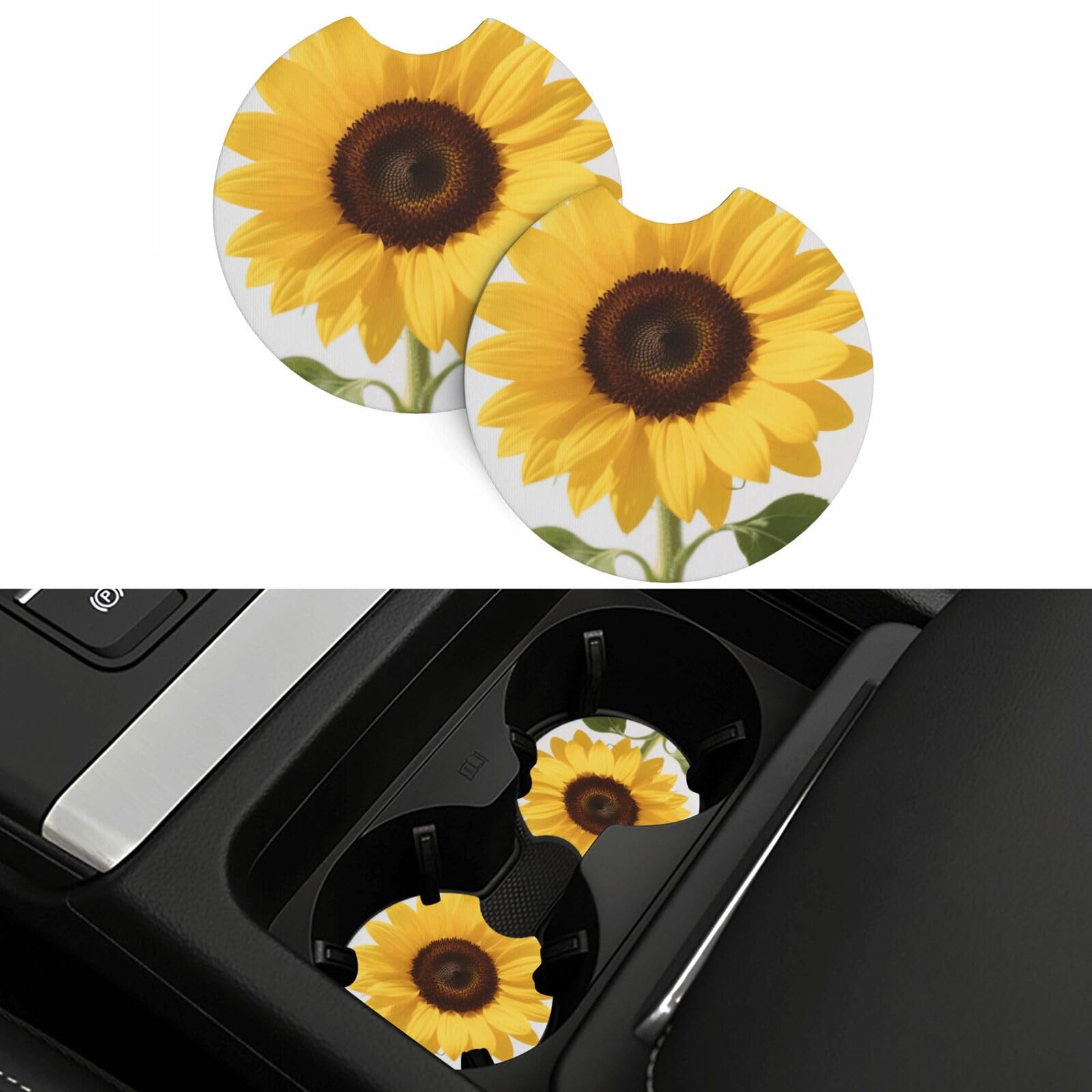 2 Pack Car Coasters,2.7" Universal Car Cup Holder Coasters Non-Slip Neoprene Cup Pad Mat Coaster Car Interior Accessories for Women Men Beautiful Yellow Summer Sunflower